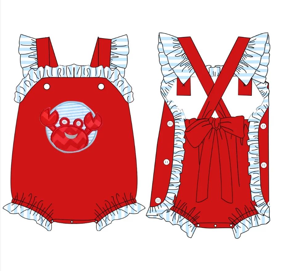 High Quality Kids Boys Red Top Summer Crab design Boutique children Outfit toddlers Applique summer smocked set