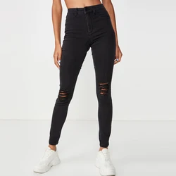 summer new fashion women white high waist skinny ripped jeans