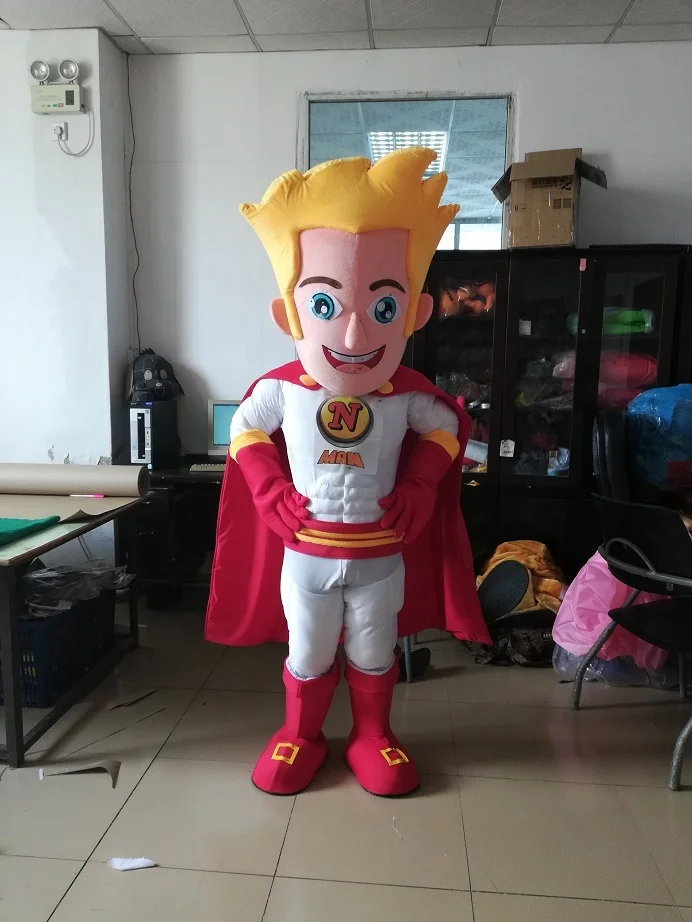 Popular adult yellow hair super hero superhero mascot costume with red cape for sale,color and logo can be changed as required.