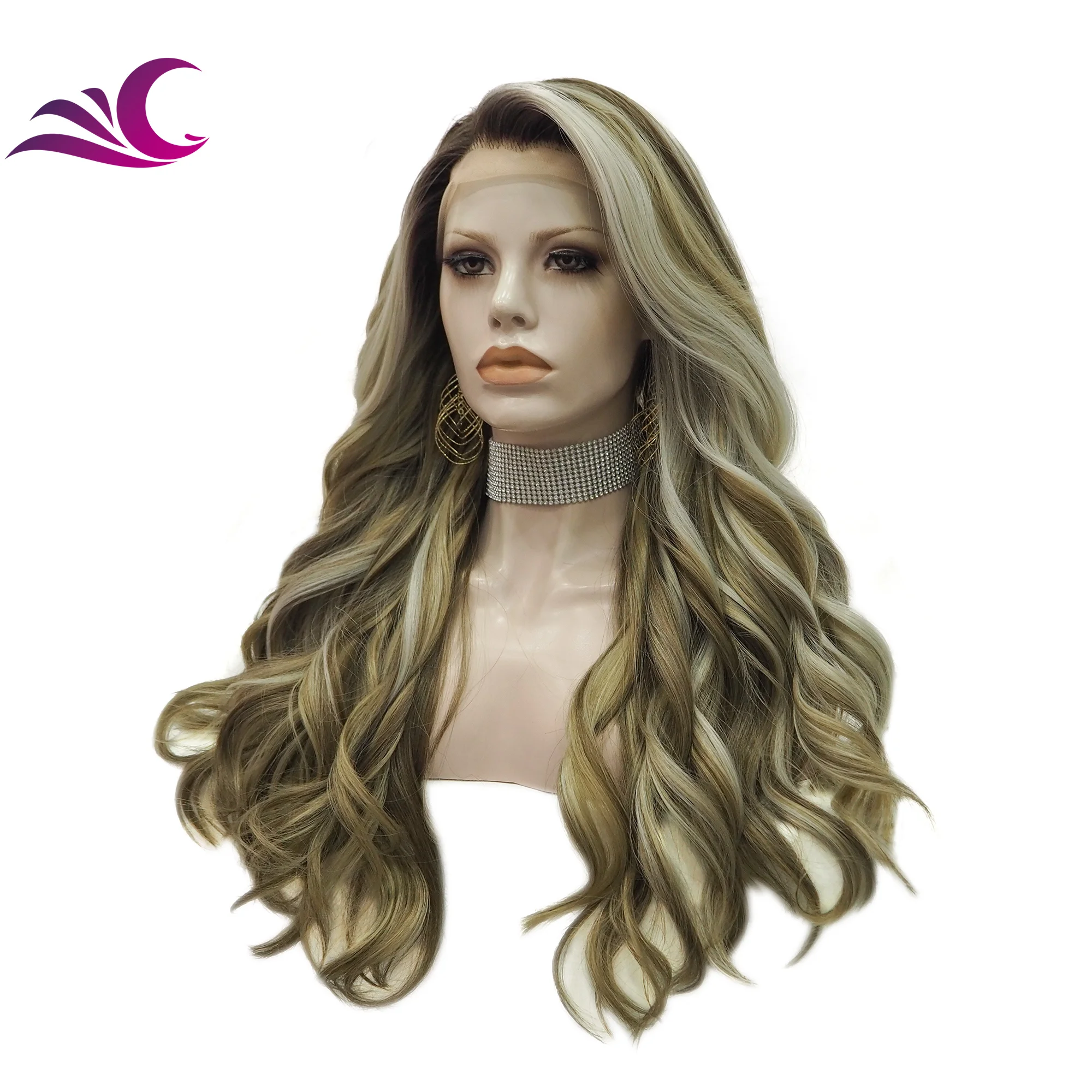 Celebrity Blond Highlight Pre Plucked Natural Hairline Lace Front Wigs Heat Resistant Fiber Lace Wig Synthetic for White Women