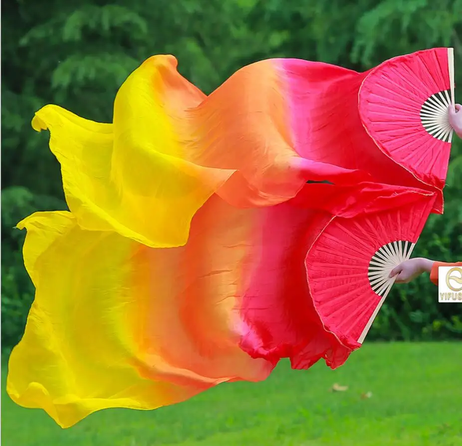 Wholesale Professional fire color double-sided Bamboo fans with veil for unisex dance performance