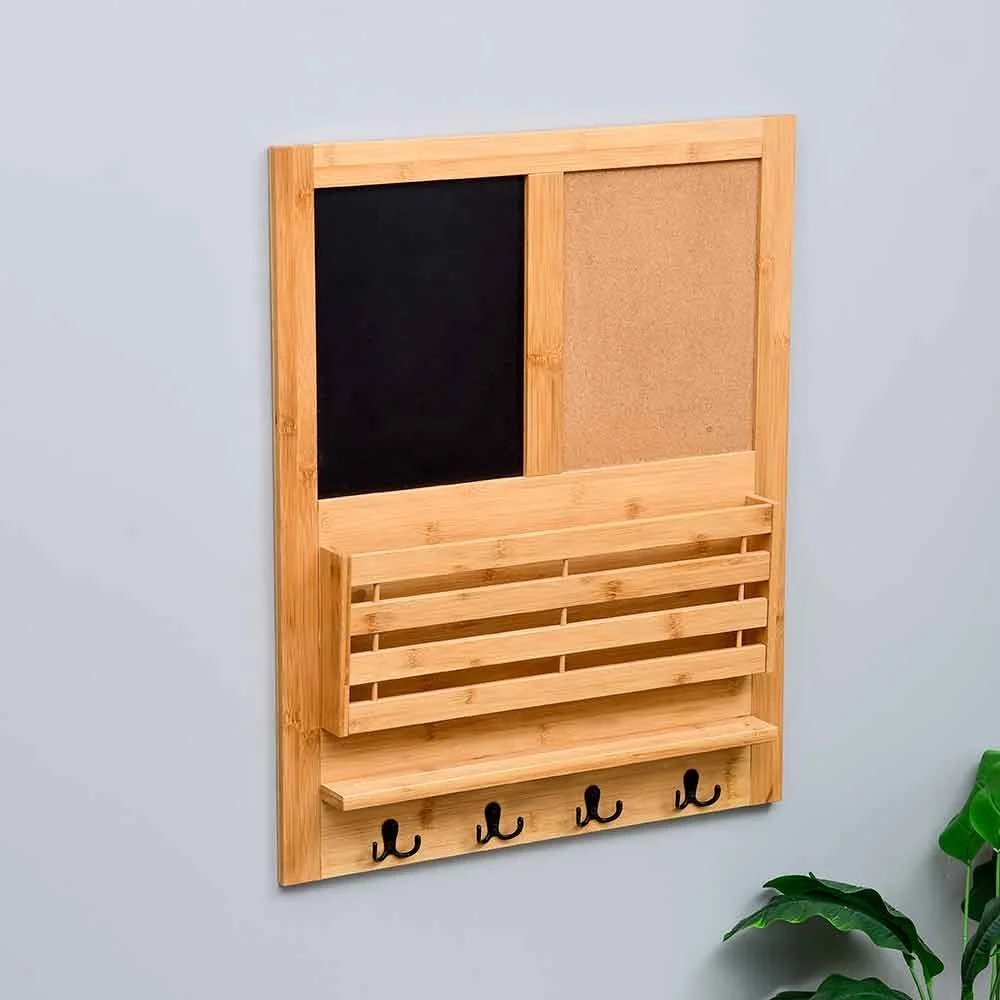 Bamboo Floating Wall Shelf Key and Mail Holder for Wall with Messages Board
