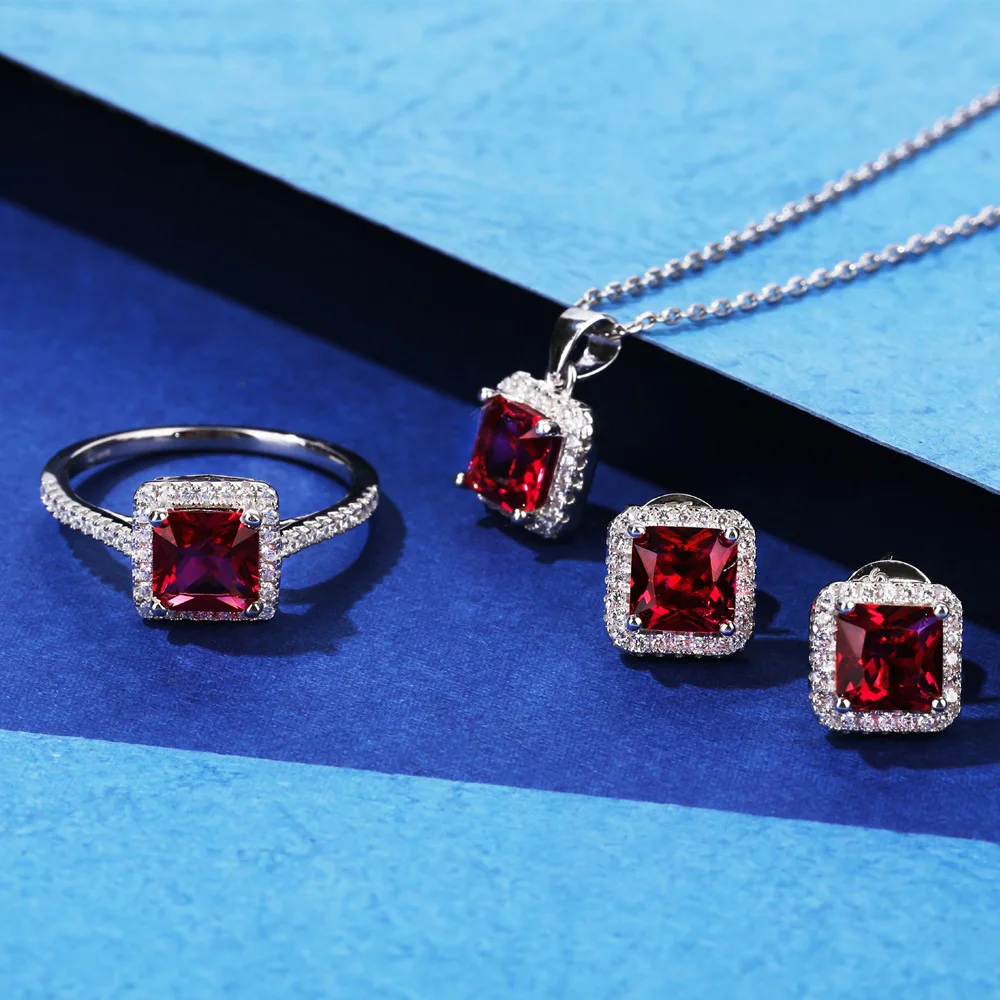 Custom Wholesale Fine Jewelry Rings Engagement Wedding Ring 925 Sterling Silver High quality Square Ruby Diamond Ring For Women