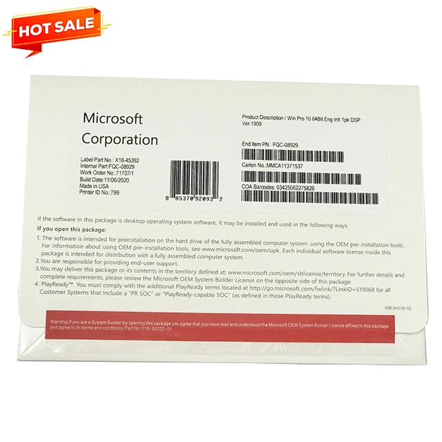  Windows 10 профессиональный OEM полный пакет Английский язык DHL Бесплатная доставка Оригинальный ключ 12 месяцев