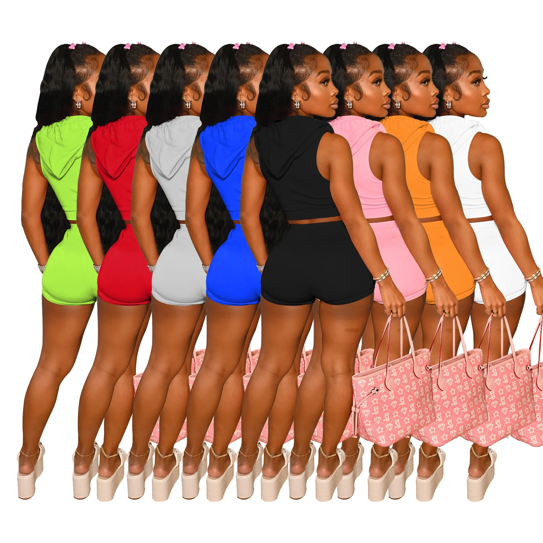 Wholesale Women Summer Clothes Solid Hooded Zipper Top High Waist Shorts Workout Sets