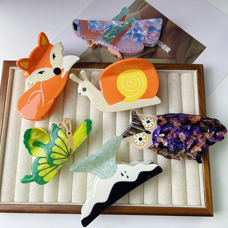 2024 новая симпатичная клипса из ацетата, лиса, улитка, Сова, кузнечик, рыбий хвост, Бабочка, заколка для волос, подарок для вечеринки