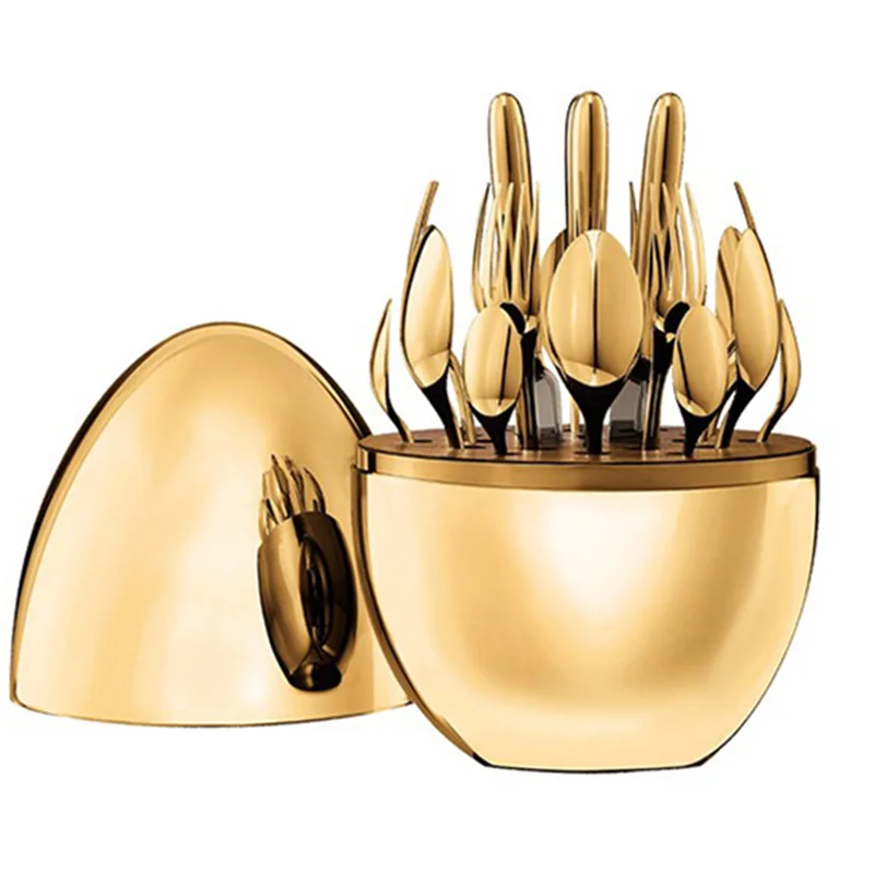 Top Luxury Egg Shape 304 Stainless Steel 24 Pieces Cutlery Set Knife Fork Spoon Silver Gold Egg Cutlery Set