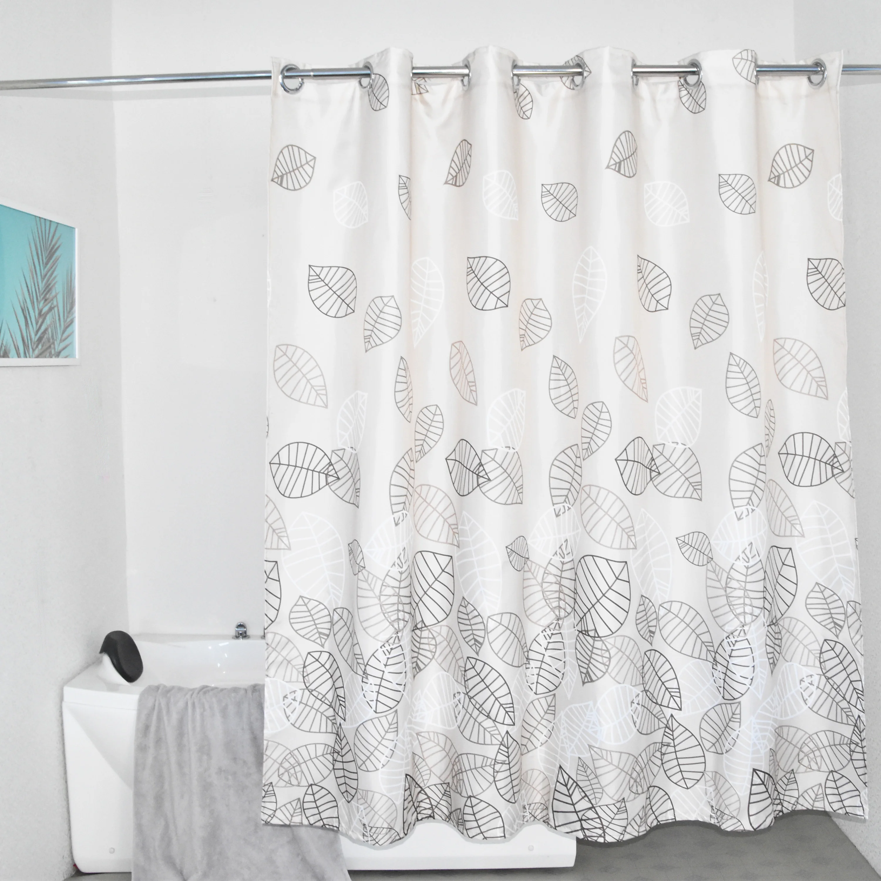 Hookless Waterproof Fabric Wholesale Leaves Printed Shower Curtain For Bathroom