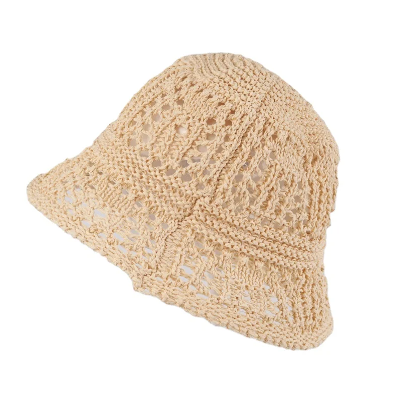 Handmade Knitted Flower Sun Bucket Hat Solid Color Foldable Wide Brim Summer Beach Straw Paper Crochet Hat