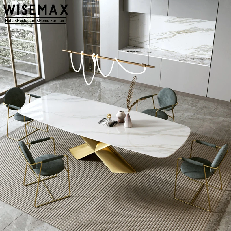 WISEMAX FURNITURE modern living room furniture light luxury slated board top with stainless steel X shape base dining table
