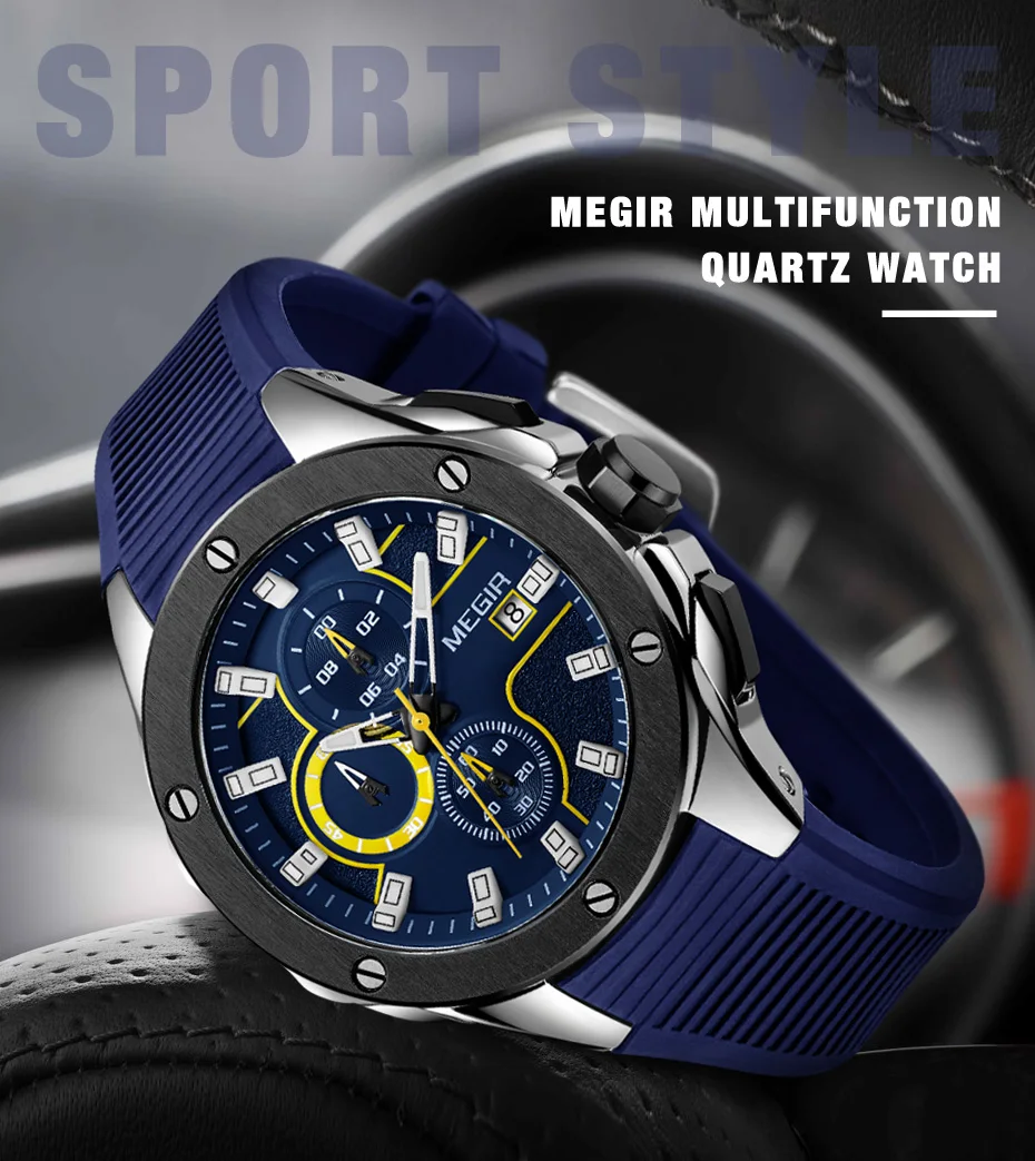 Megir 2053 Fashion Made in China Mens Quartz Watch Excel Rubber Strap Chrono Date Display Waterproof Sports Relogio Musculino