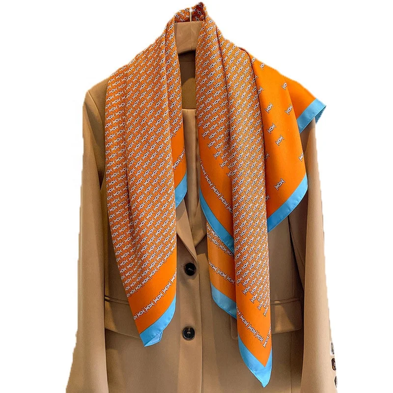Wholesale Custom Neck Silk Scarf Designer Printing Printed Women Ladies Square 90x90 Custom luxury Silk Scarf Bright Color