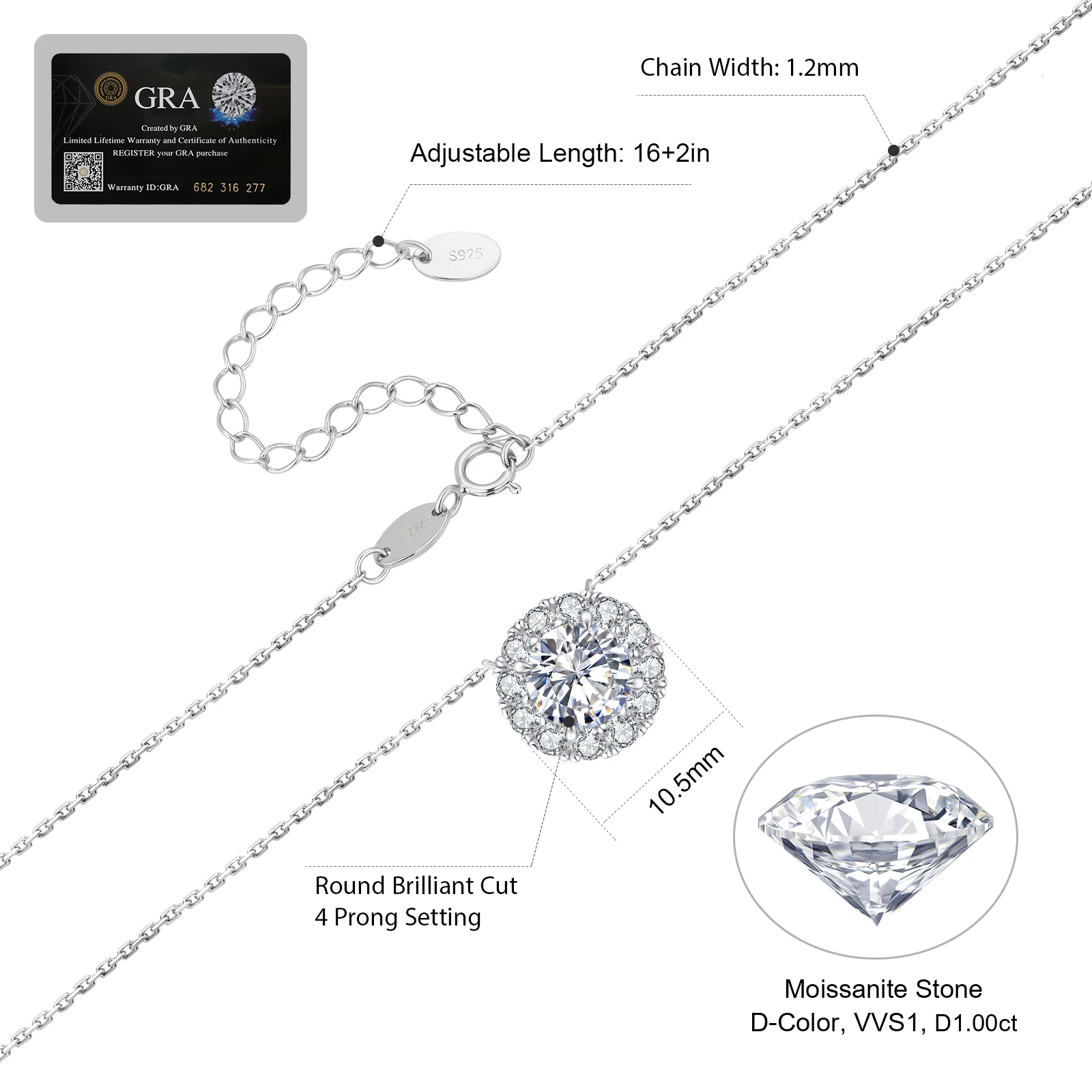 Women Wedding Jewelry White Gold Plated Sterling Silver Chain Lab Created Diamond 1 Carat VVS1 Moissanite Halo Pendant Necklace