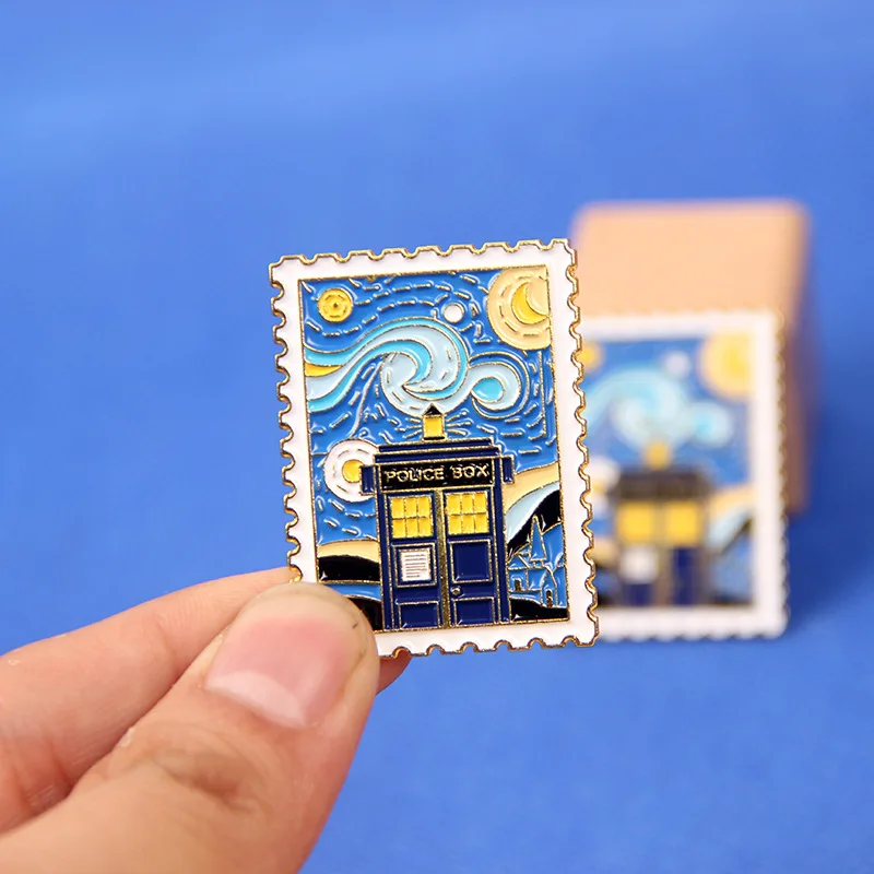 A time machine under the stars a Tardis stamp brooch a Van Gogh oil painting medallion