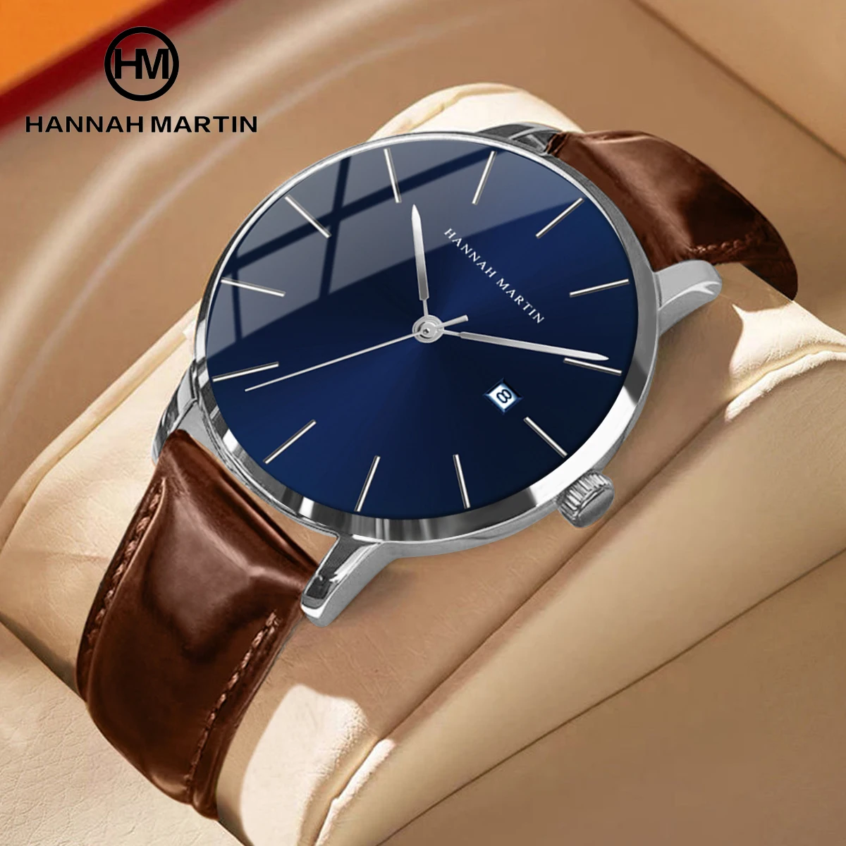 Hannah Martin Luxury Sport Genuine Leather Customized Your Own Brand Custom New Design Stainless Steel Case back Men Wrist Watch