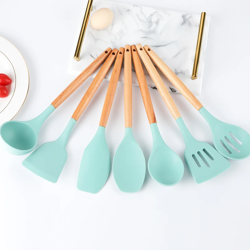 Hot sale high quality 11 piece silicone kitchenware with wooden handle 2 buyers