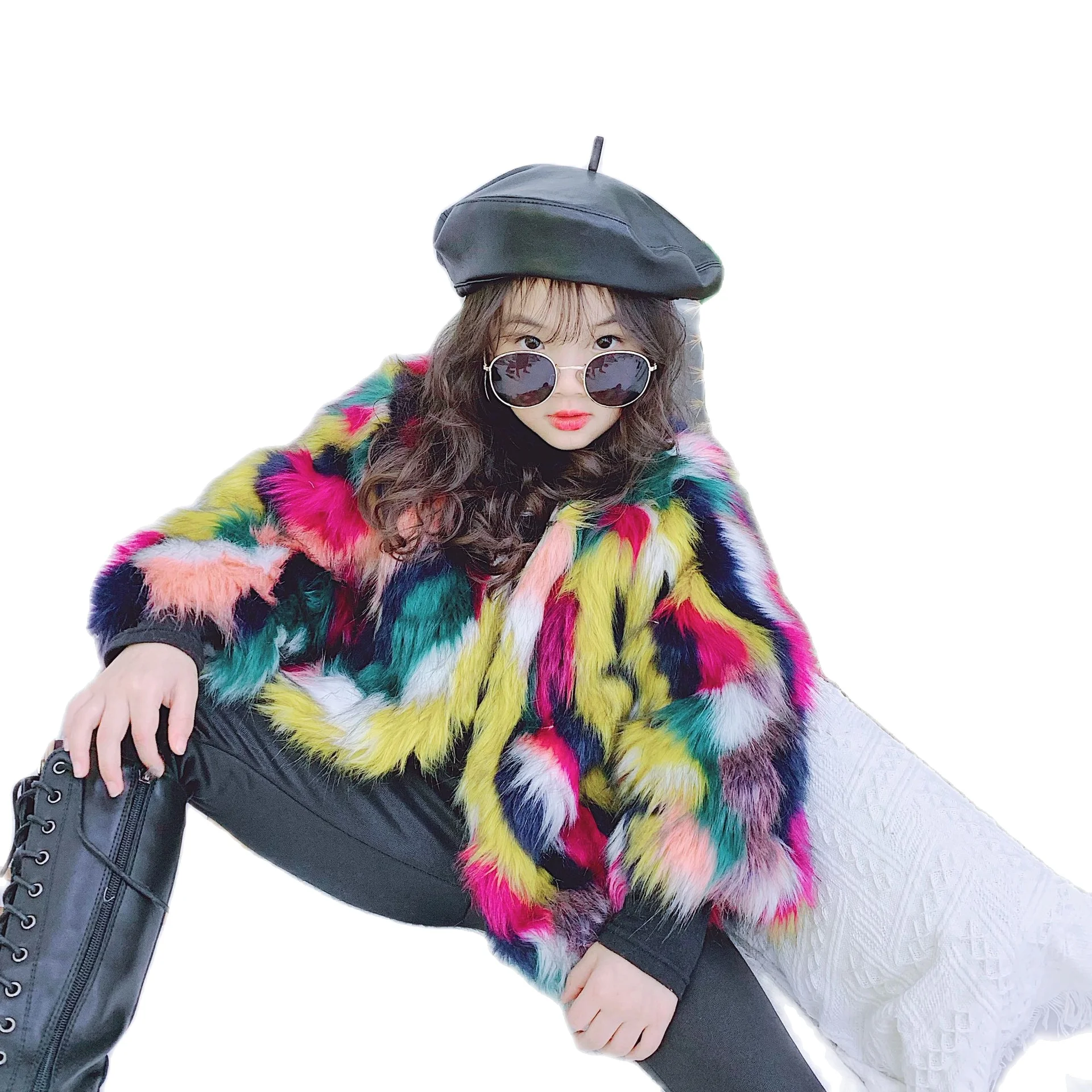 2022 Children Girls Fashion Jacquard Faux Fox Fur Plus Velvet Thick Colored Fur Fur Coat Baby Clothes