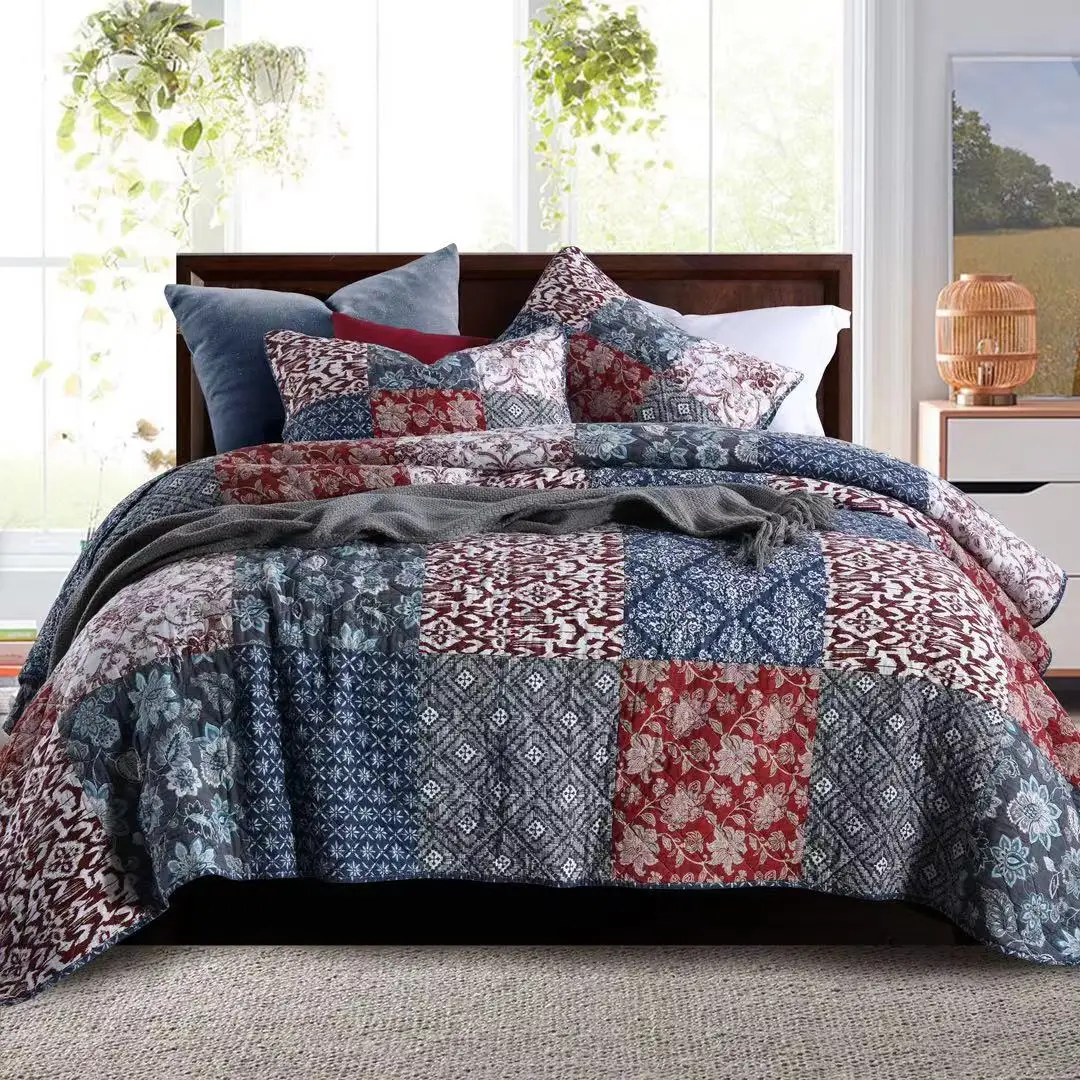 New Arrival Green Organic Cotton Handmade Genuine Splicing Montage Bedspread Quilted Set