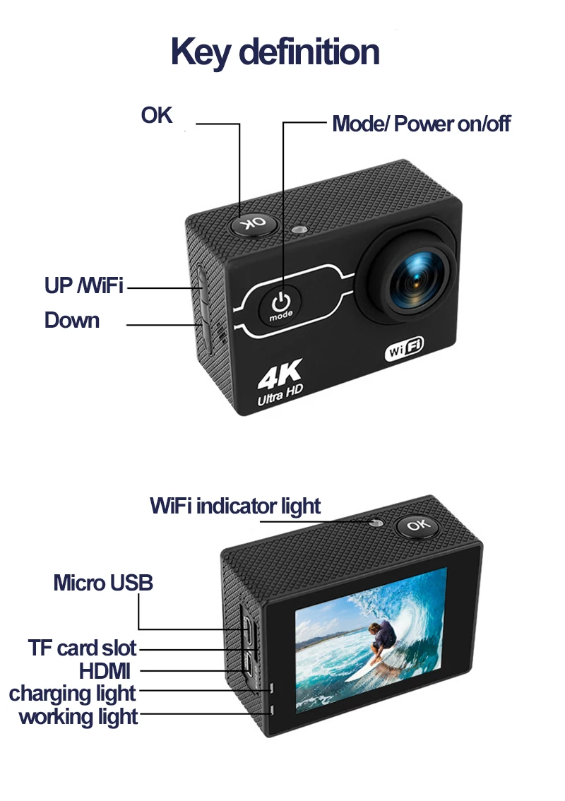 4K экшн-камера водонепроницаемая FHD1080P WiFi Спортивная камера для улицы с функцией стабилизации