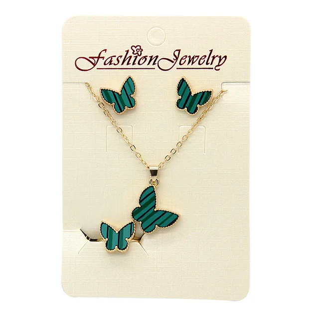 Wholesale Four-leaf Clover Three-piece Earrings Ring Pendant Simple Colorful Butterfly Necklace Set
