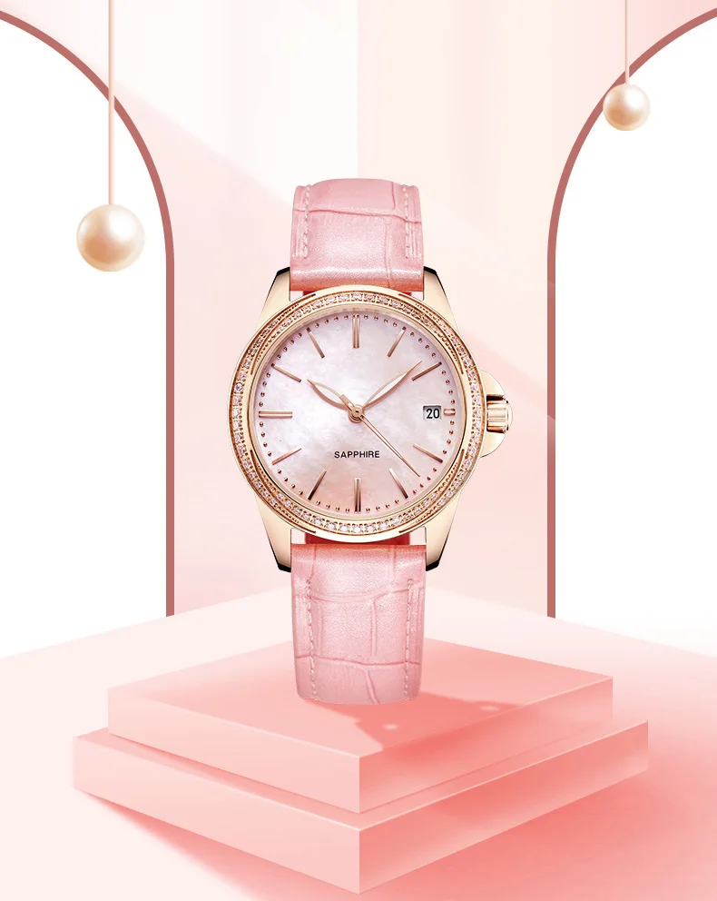 Strong luminous hands rose gold color pearl dial leather strap diamond  waterproof women quartz wrist watches
