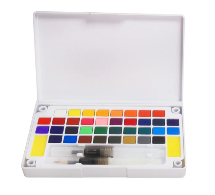 Набор акварельных красок, дорожный карманный набор из 36 сплошных цветов с 2 кисточками для акварельных ручек, 2 смешанных палитры для акварельных картин
