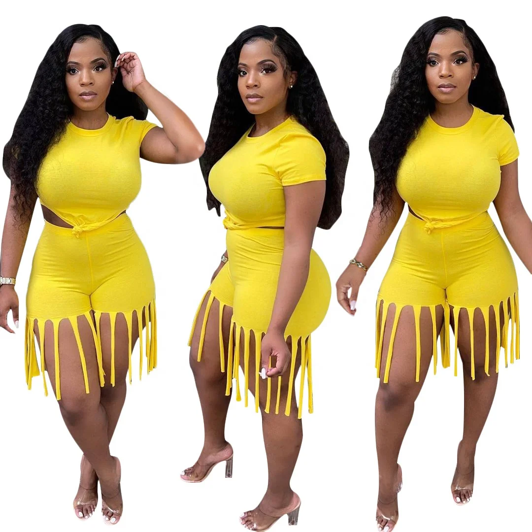 
QC-S390115 2021 new arrivals summer set women two piece shorts and crop top solid breathable long tassels biker short set women 