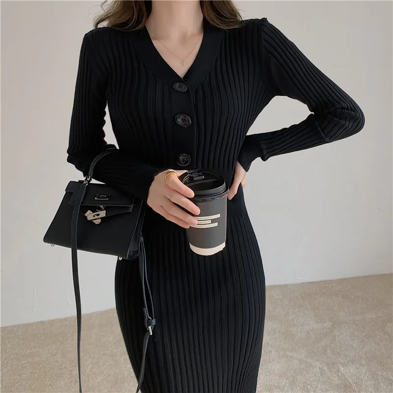 W3659 Women Fashion Casual Knitted Midi Dress Sexy V Neck Long Sleeve Basic Sweater Dress Autumn Office Lady Elegant Slim Dress