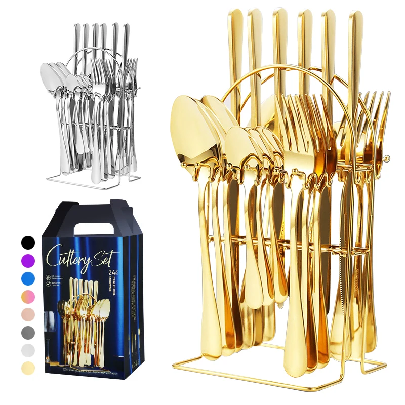Best Selling Stainless Steel Knife Fork Spoon 24pcs Cutlery Gold Flatware Set With Stand Gift Box