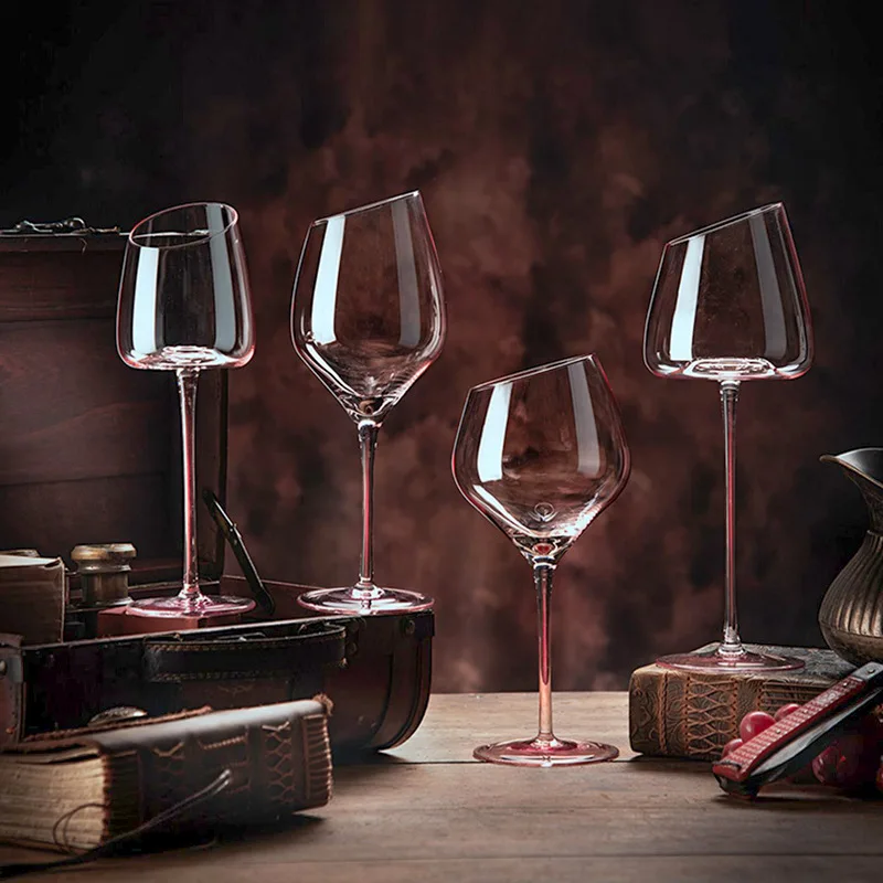 240ml 260ml 580ml Custom Logo Hand-blown Pink Clear Crystal Modern Flamingo Slanted Red Wine Goblet Glass Cup Set