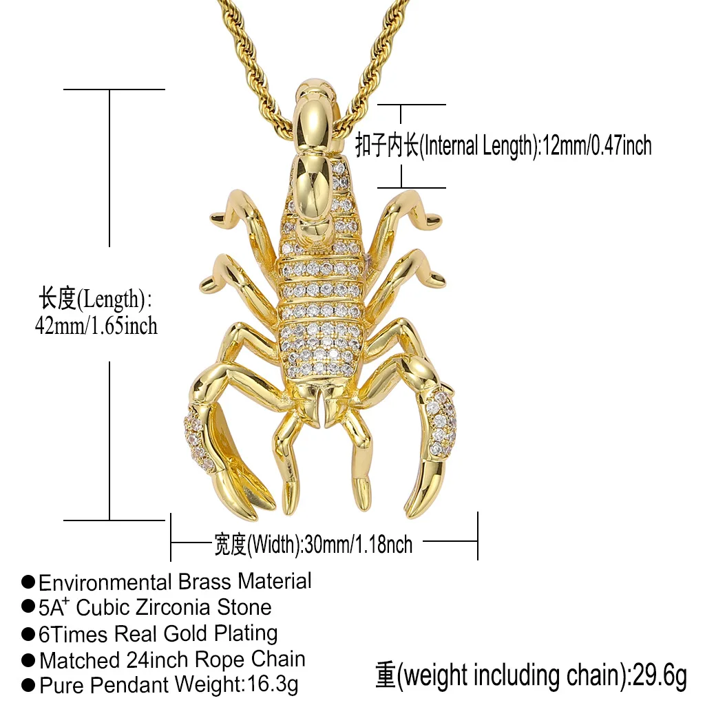 BES Trending Hip Hop Jewelry Minimalist 18K Gold Plated Twist Chain Iced Out Zircon Brass 3D Scorpion Pendant Necklace