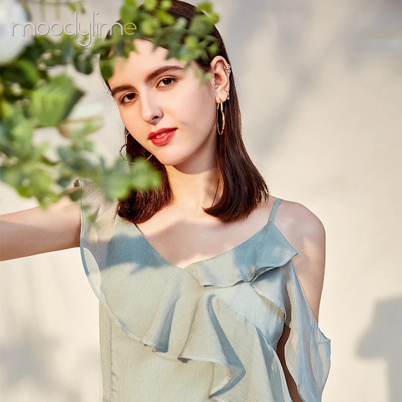 
Summer flouncing off-the-shoulder long classy dress asymmetrical ruffled chiffon medium length dress for women 