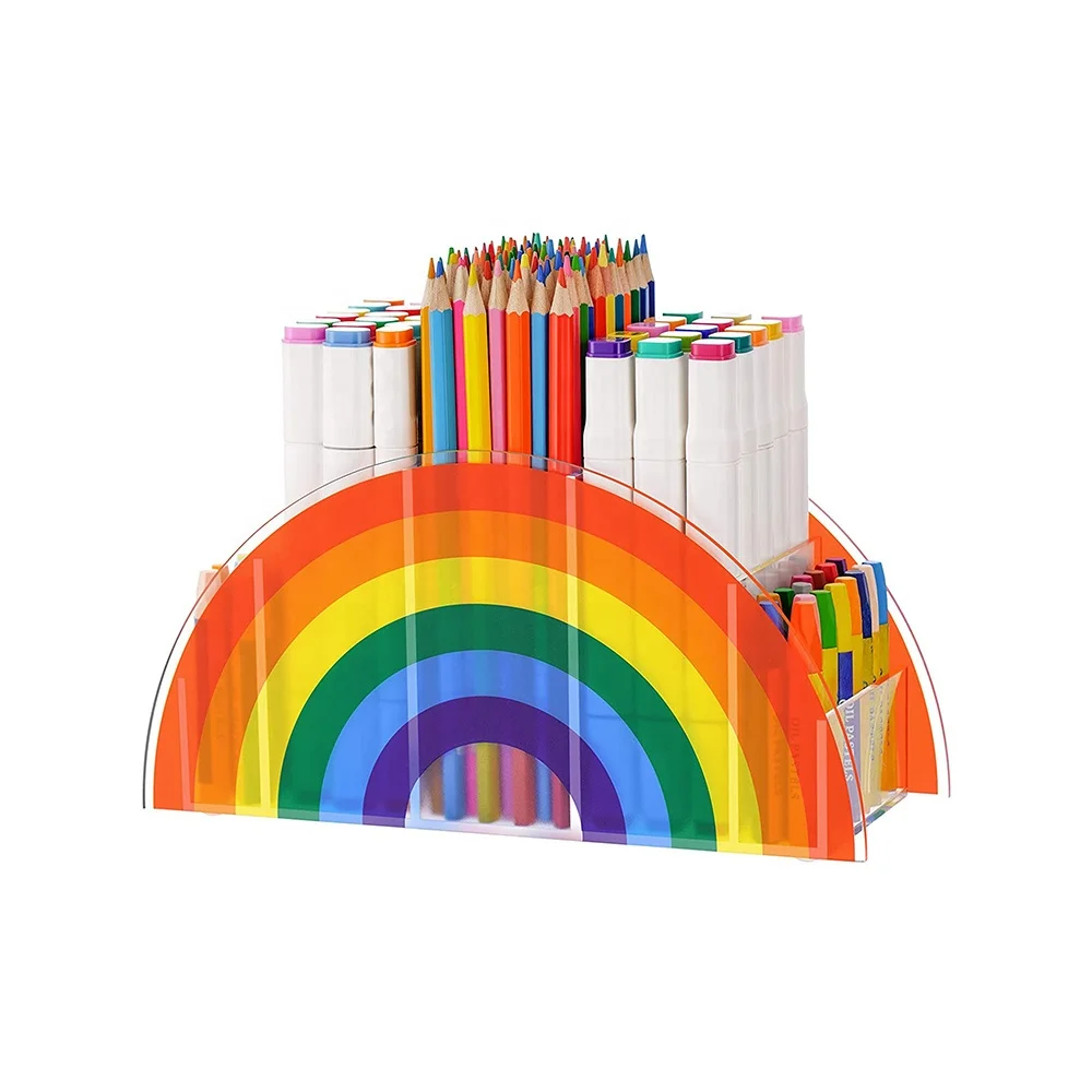 Customized OEM & ODM Rainbow Color Acrylic Pen Holder Organizer 5 Compartments Acrylic Pen Organizer for Desk