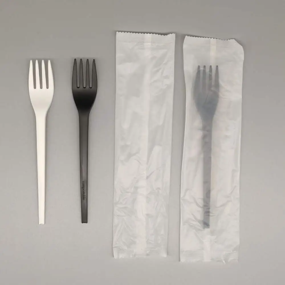 
GreenWorks CPLA compostable disposable utensils flatware biodegradable cutlery 6.5 inch fork Wrapped dinnerware sets 