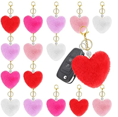 Heart Shaped Pompoms keychain Keyring  bulk Fluffy Car Bag Charm for Valentine Day Decoration
