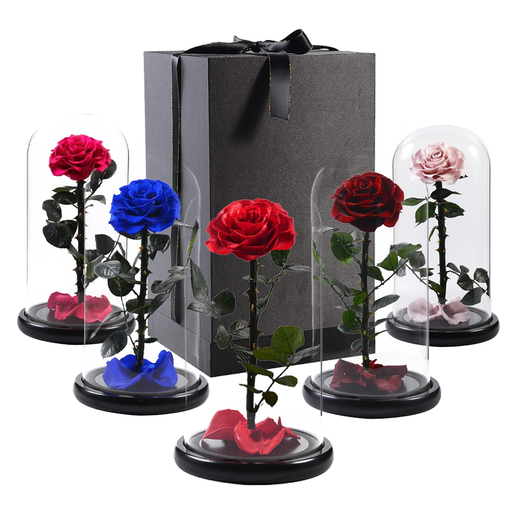 Original Factory Bright Pink Best Christmas Gift Roses Stabilized Preserved Flower Eternal Rose in Glass Dome