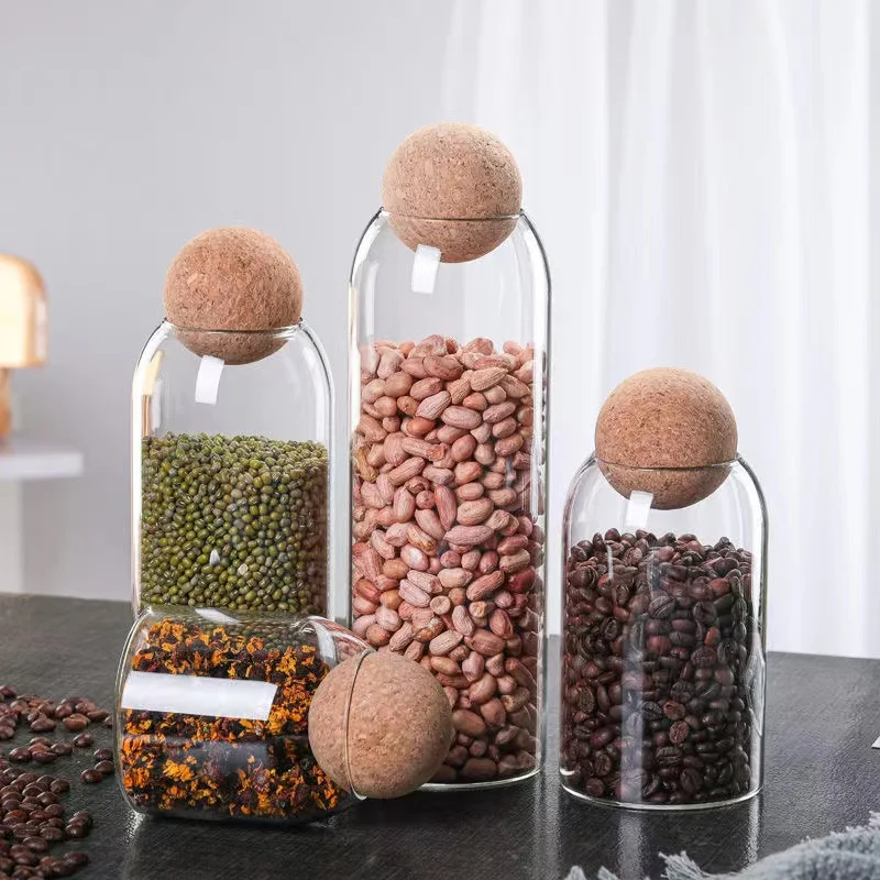 Glass Bottle Wooden Cork Ball Stopper Jar Wholesale Borosilicate Lid Glass Kitchen Food 500ml 800ml 1200ml Bamboo Food Container