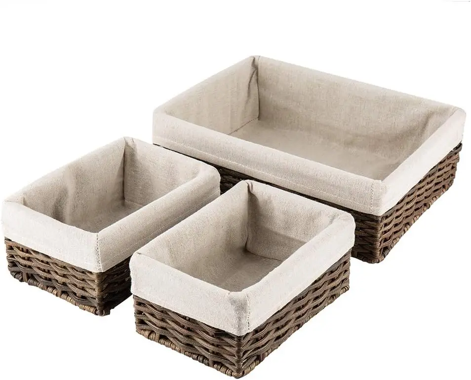 Set of 3 Handmade Decorative Home Storage Basket Wicker Baskets for Organizing Shelf Baskets with lid