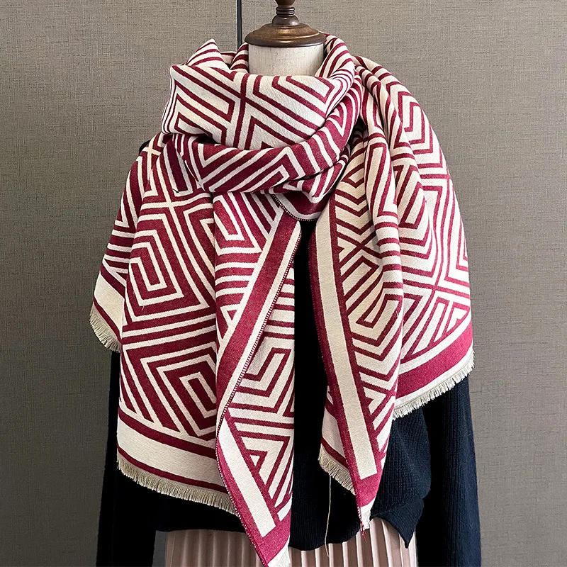 2023 new style geometric pattern thermal big stylish kerchief scarf poncho for winter