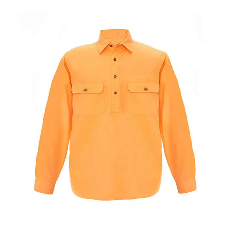 western cotton drill work shirt long sleeve half button custom logo turn down collar work shirts for men