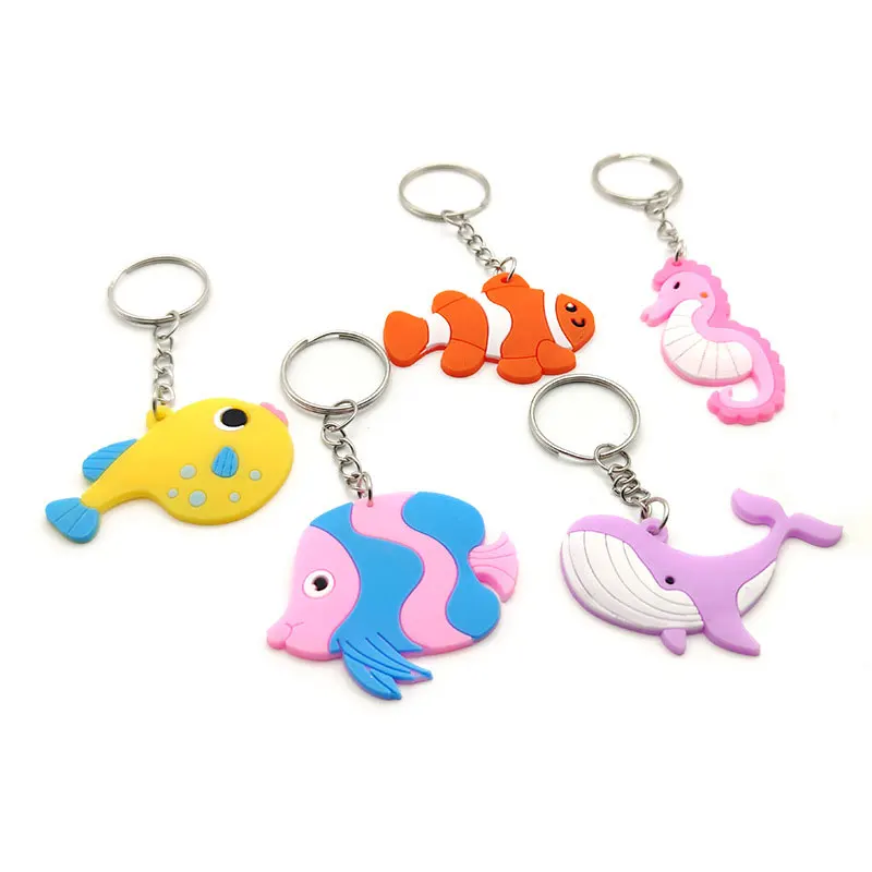 Custom shaped 2d silicone pvc cartoon key chain keyring cute ocean animal soft rubber fish keychain
