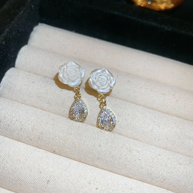 Wholesale genuine gold electroplated silver needles French white rose zircon high-end elegant wholesale Stud Earrings for Women