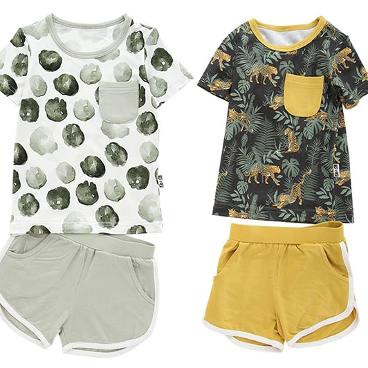 Classic pocket style T shirt and shorts clothing set bamboo spandex cotton fabric short sleeve baby girls boys clothes