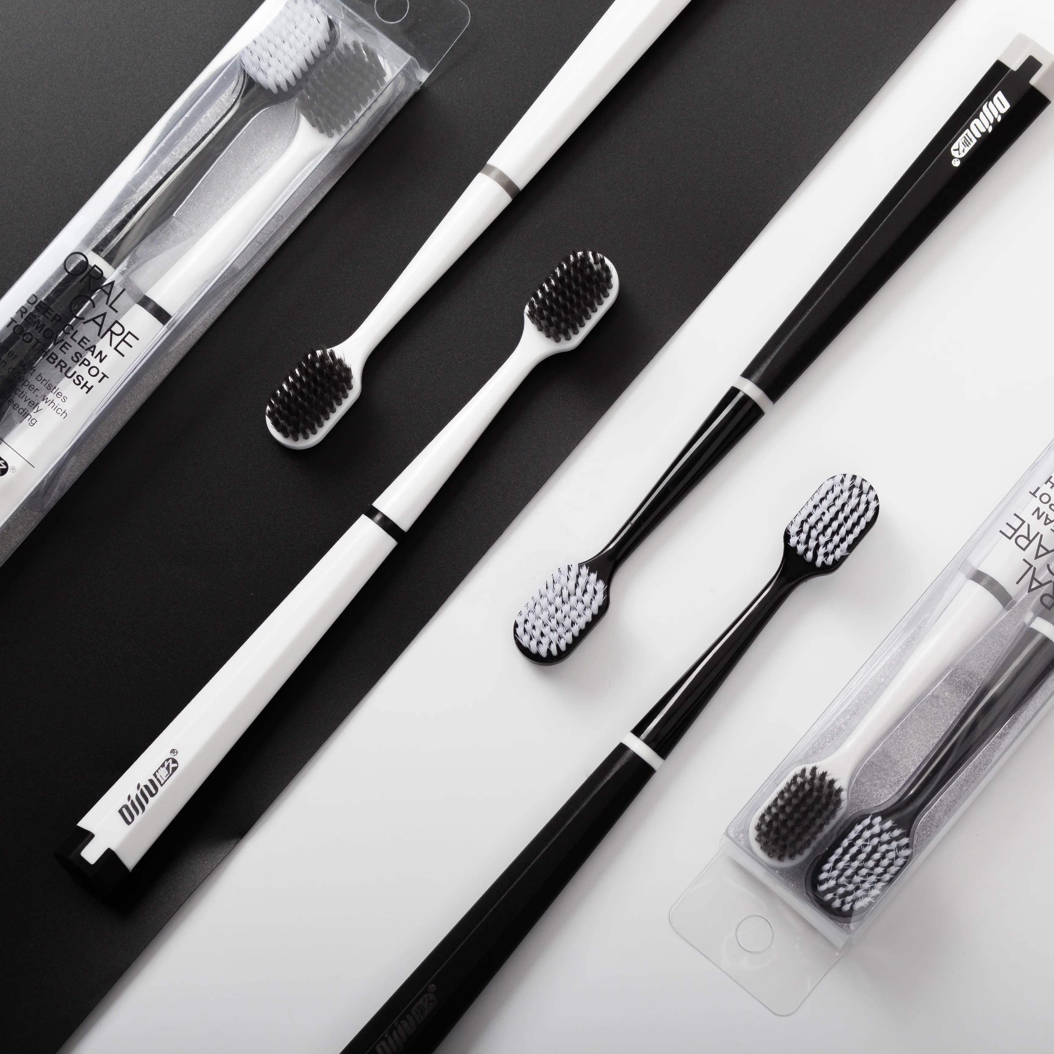 OEM manufacturer 2 pcs /set cheap soft bristle logo custom plastic black and white toothbrush for adult