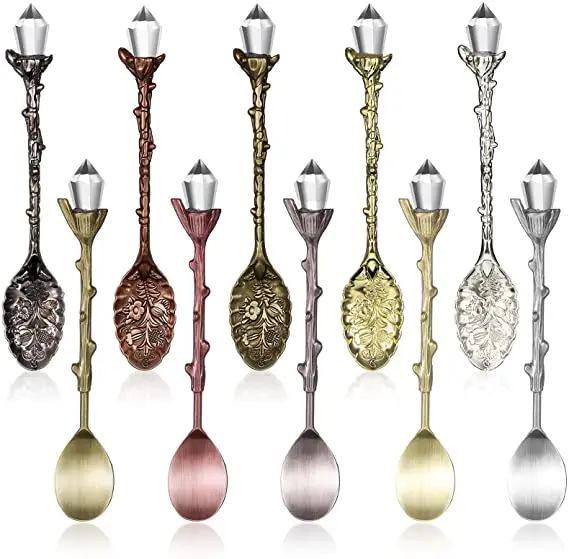Retro Spoons Set Crystal Alloy Coffee Spoons Decorative Vintage Carved Spoons Stereoscopic Teaspoons for Cafe Tableware