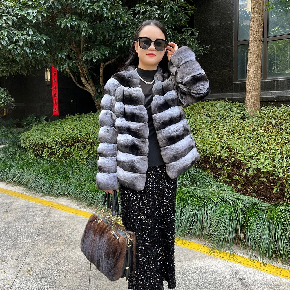 Winter Luxury Real Chinchilla Fur Coat V Collar From Factory With Wholesale Price Genuine Chinchilla Fur Jacket