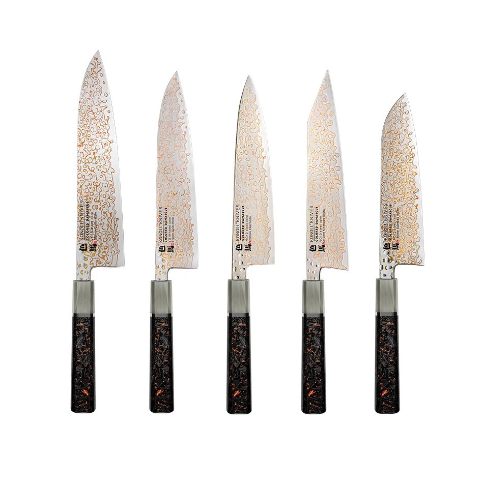 Colored Damascus Steel Kitchen Knife  Set Japanese  VG-10 Core Buffalo Horn & Resin Luxury handle