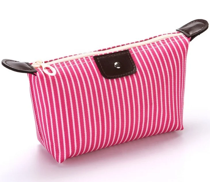 Cheap PU Leather Travel Bag Women Fold Organizer Stripe Promotion Cosmetic Bag Toiletry Pouch Portable MakeUp Female Wash Case