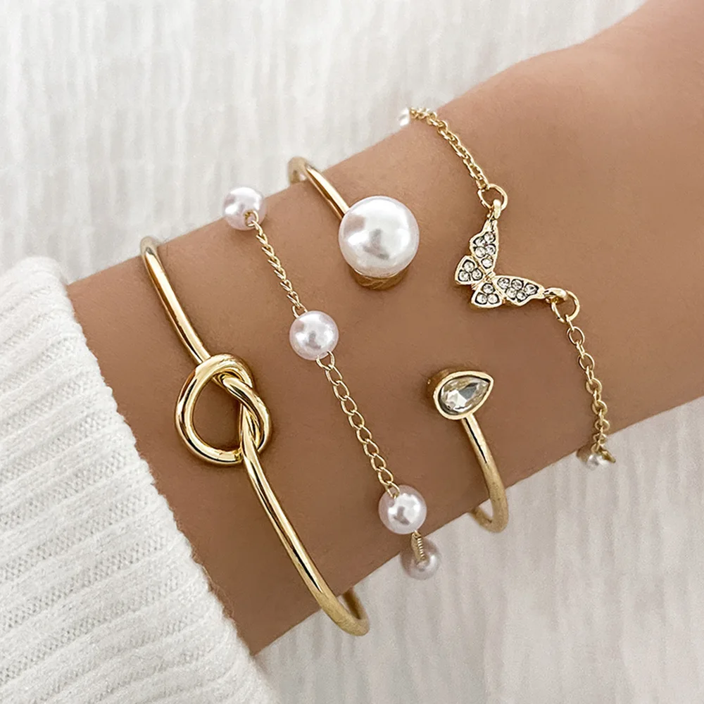 Go Party 4 Pcs/Set Fashion Love Knotted Charm Bracelet Bangles Pearl Diamond Crystal Rhinestone Butterfly Bracelets Sets Women