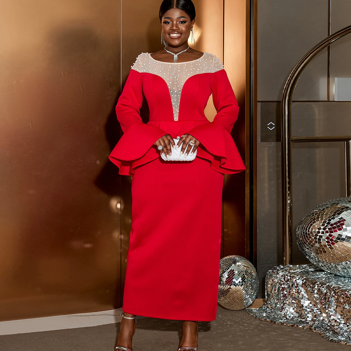 Sexy Long Flare Sleeves Mesh Beaded Vintage Red Long Evening Dresses Women